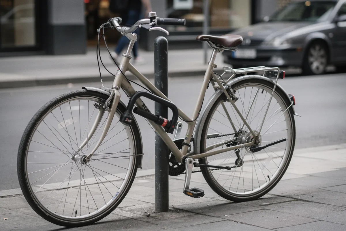 Bicicleta asegurada al cuadro y a una rueda con un candado resistente