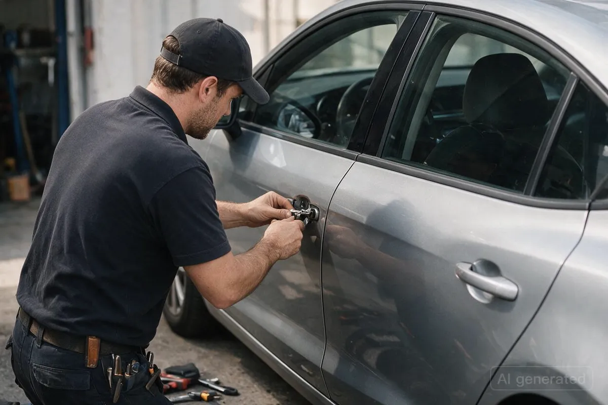 Profesional de cerrajería de automoción atendiendo un cierre accidental