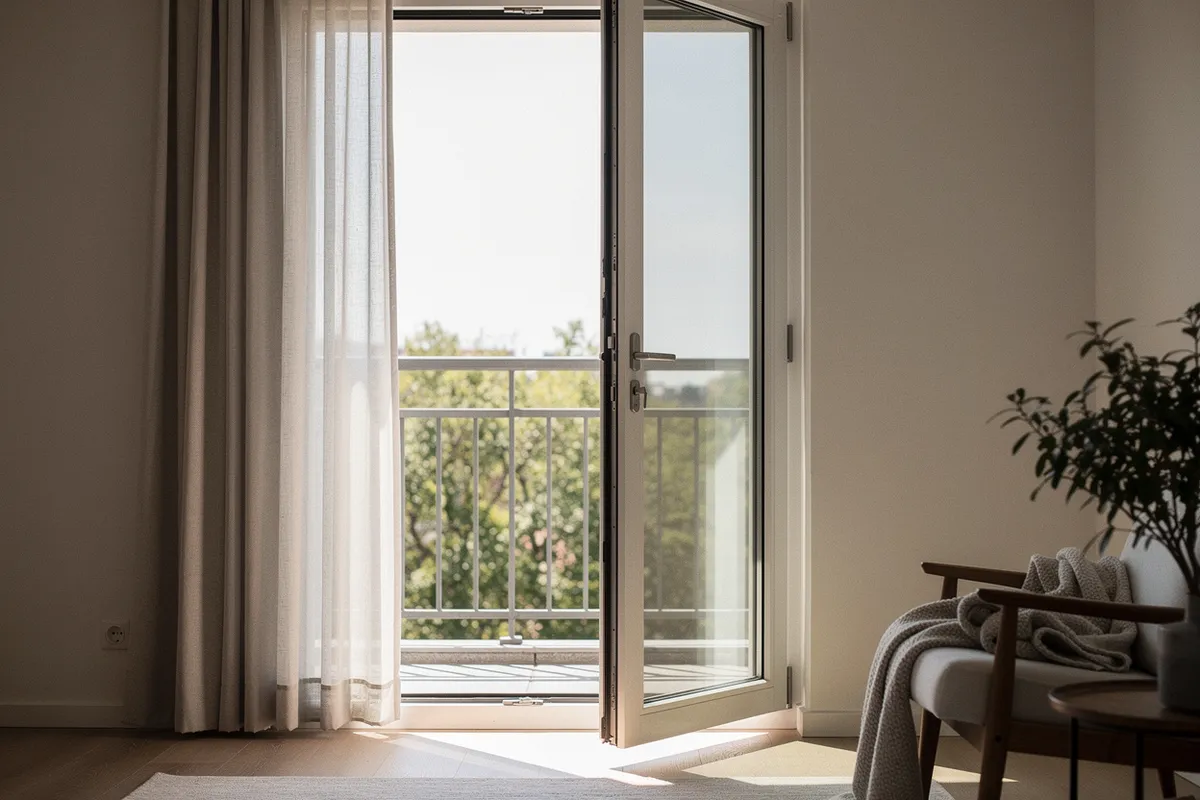 Ventana y puerta de balcón de un piso revisadas desde el interior