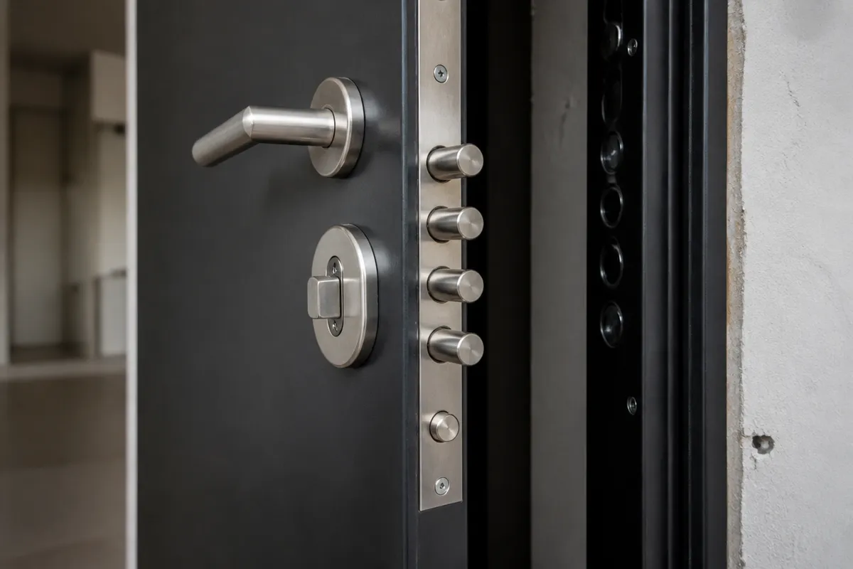Detalle del marco y los puntos de cierre de una puerta de seguridad