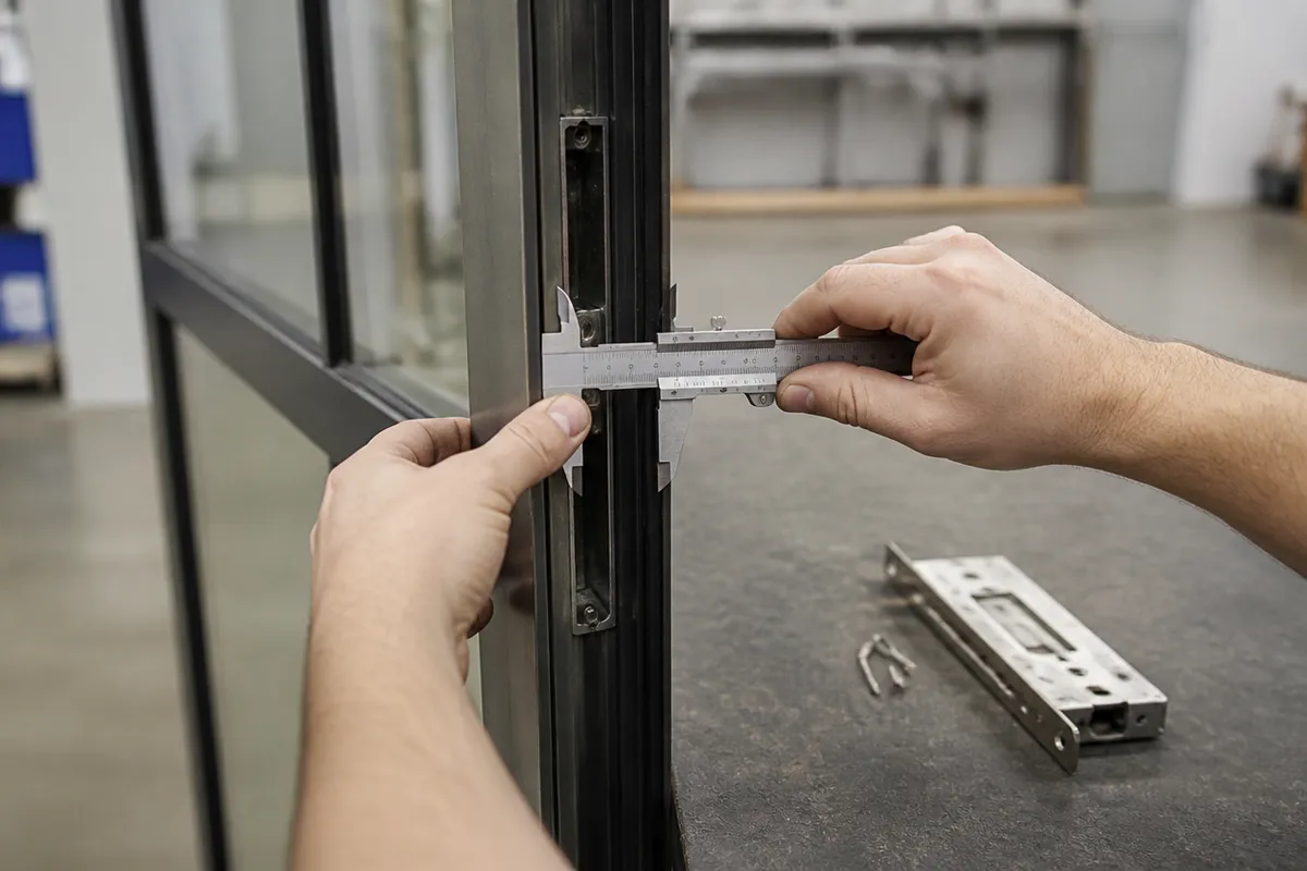 Medición del perfil de una puerta de aluminio antes de elegir cerradura